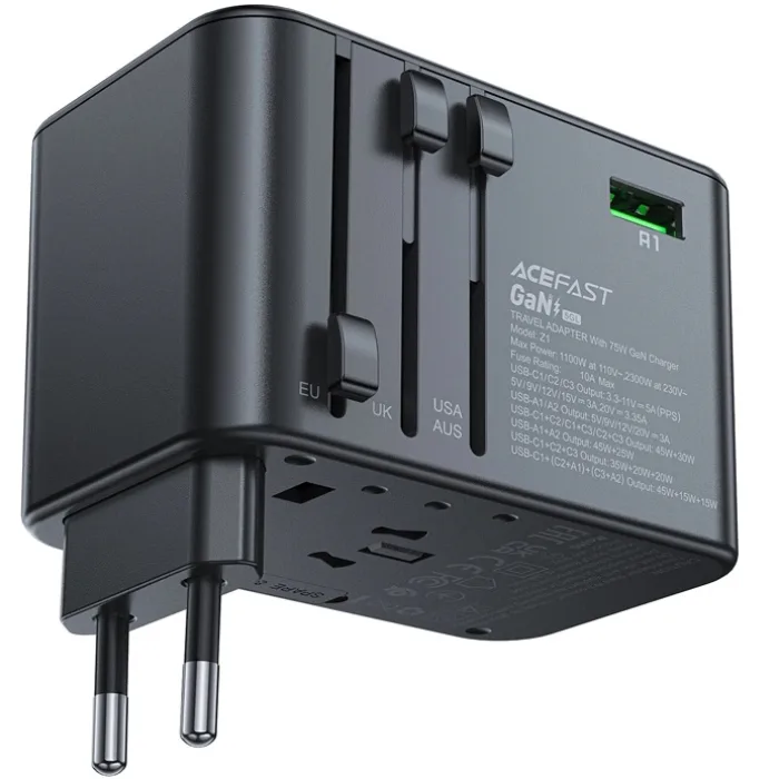 Зарядний пристрій 5xUSB 75W (3xUSB-C+2xUSB-A) Gan Z1 Travel Fast Charger Acefast