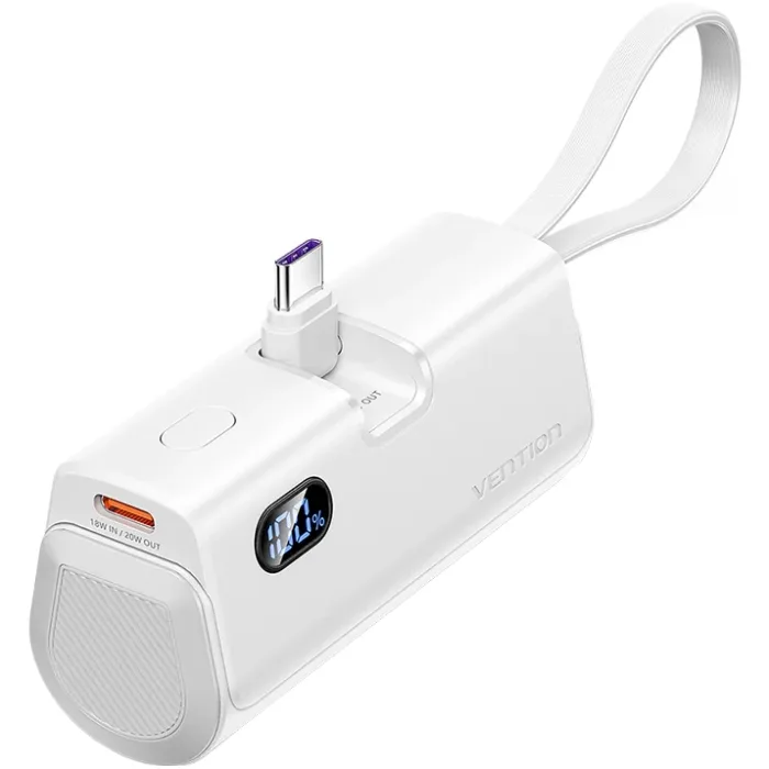 УМБ Vention 4800mAh 22,5W PD, USB-C In/Out, LED display, with built-in Lightning cable White