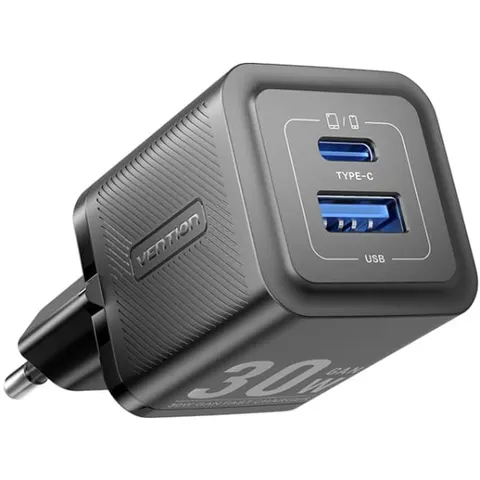 Зарядний пристрій 2xUSB 30W (USB-A/USB-C) + USB-C cable М-М  Black Vention
