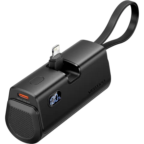 УМБ Vention 4800mAh 22,5W PD, USB-C In/Out, LED display, with built-in USB-C cable Black