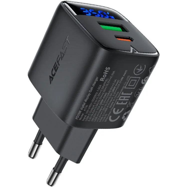 Зарядний пристрій 2xUSB 35W (USB-C+USB-A) with digital display Gan A116 Black Acefast