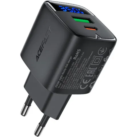 Зарядний пристрій 2xUSB 35W (USB-C+USB-A)  with digital display Gan A116 Black Acefast