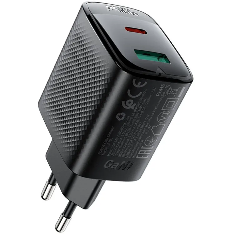 Зарядний пристрій 2xUSB 45W (USB-C+USB-A) Gan A106 Black Acefast