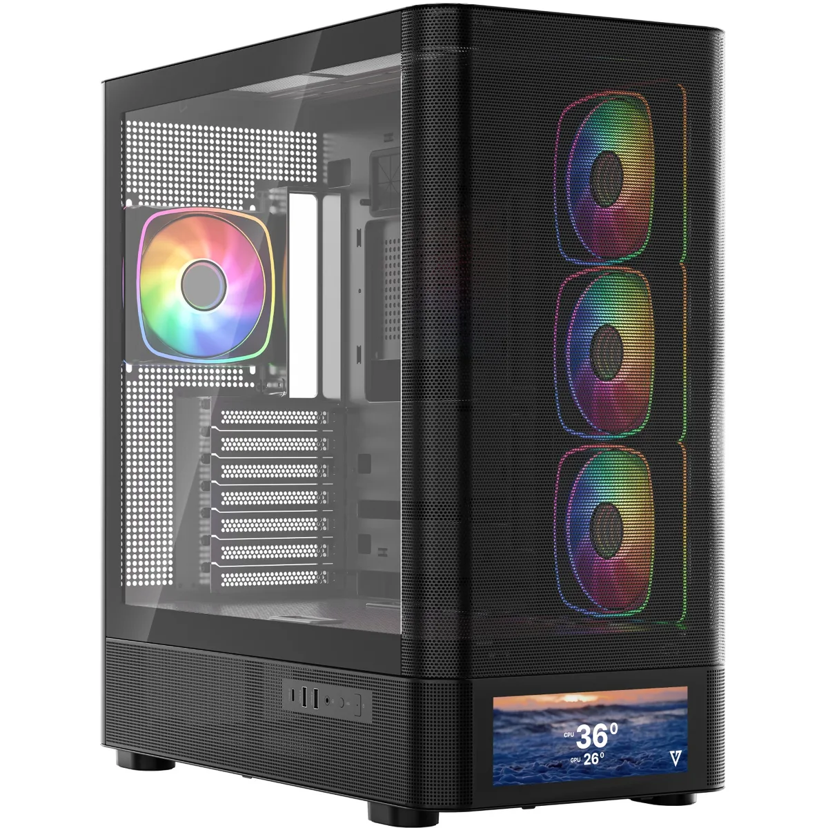 Корпус Modecom VOLCANO AQ500 ARGB MIDI FRONT LCD 6,2”, 4x120mm fans BLACK без БЖ ATX
