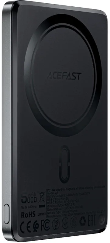 УМБ Acefast Magnetic Wireless 5000mAh 18W PD,QC 3.0, QI 7.5 Вт, ультра тонкий, M8 Black