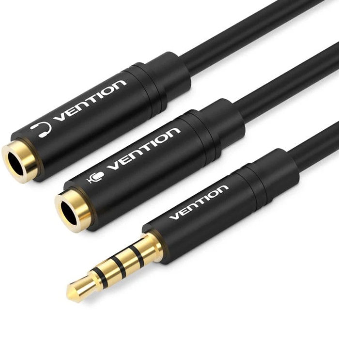 Перехідник аудіо Jack 3.5mm TRRS M -> 2X 3.5mm F (мікрофон + навушники) чорний Vention