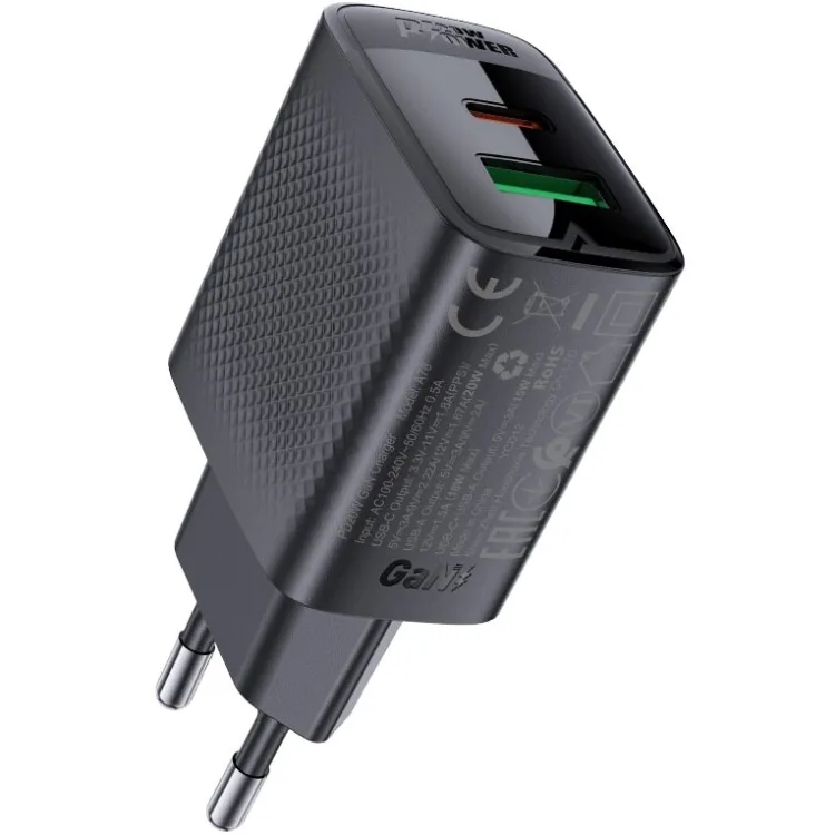 Зарядний пристрій 2xUSB 20W (USB-C+USB-A) Gan A78 Black Acefast