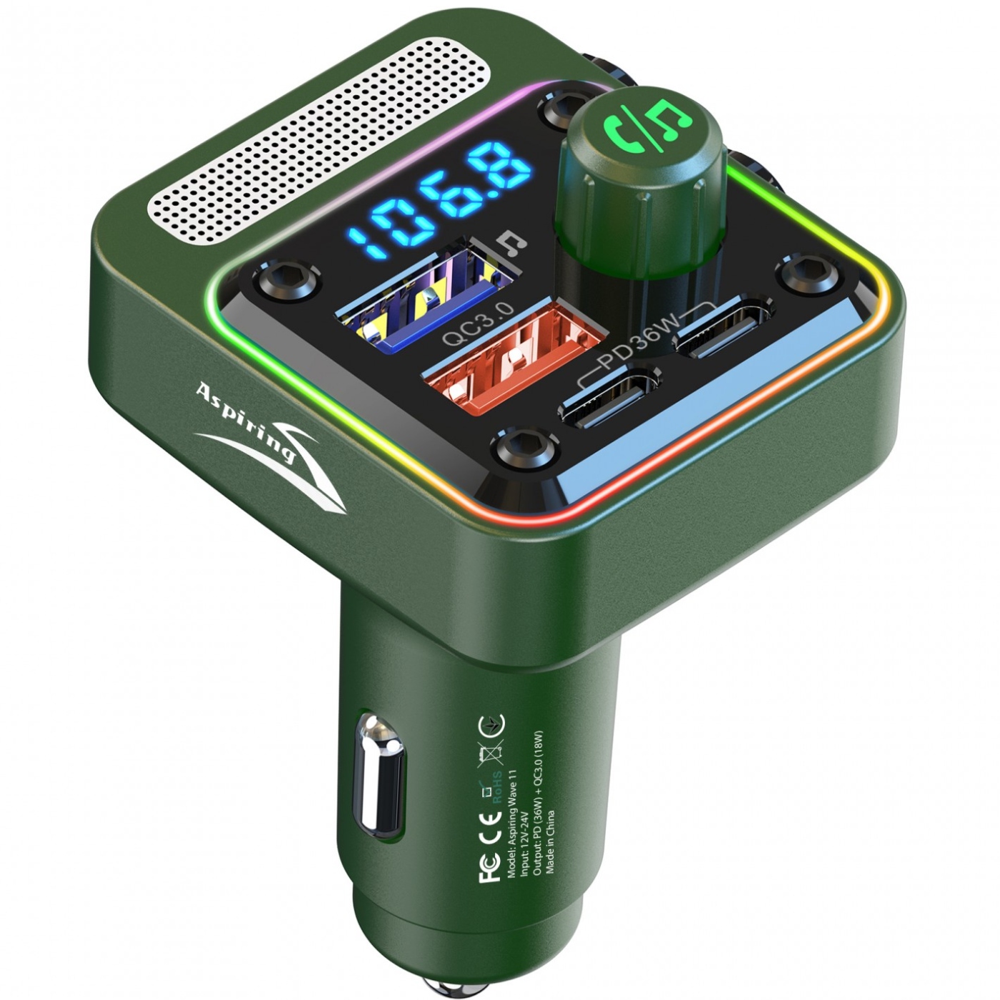 автомобільний FM-трансміттер Aspiring Wave 11 54W PD LED/Bluetooth//QC3.0, 2хUSB-C 36W