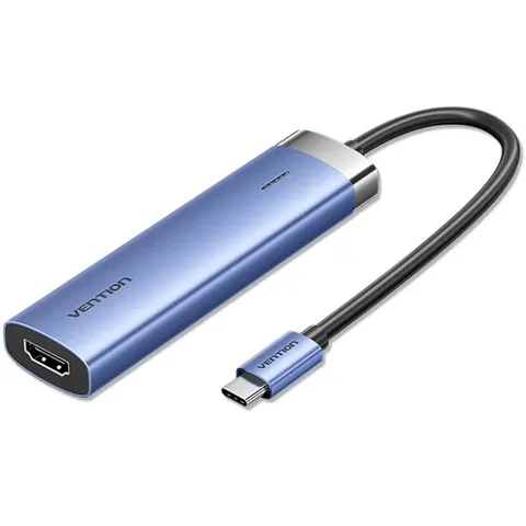 Док-станція USB3.1 Type-C --> HDMI 4K30Hz/USB 3.0x3/PD 100W Blue Aluminum  Alloy Hub 5-in-1 Vention