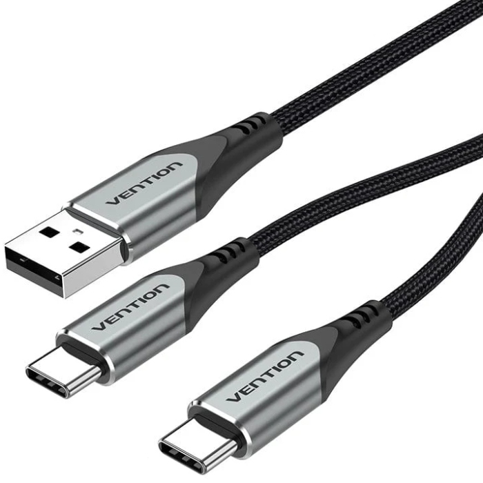 Кабель USB 2.0 AM - 2хType-C M, 1.0 м Y-Splitter Charging Cable 2.4А 480Mbps Aluminum Alloy Vention