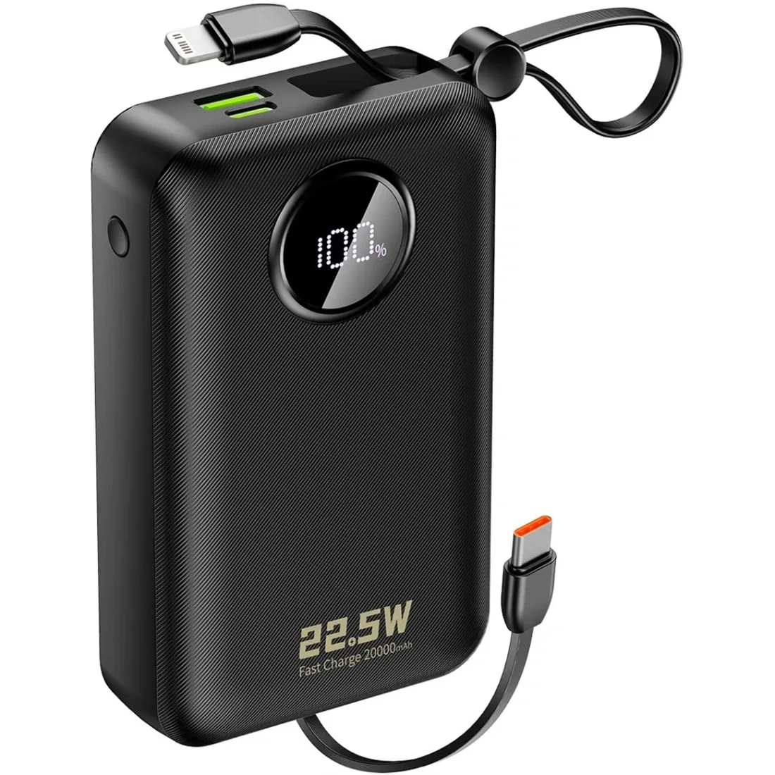 УМБ Dudao 20000mAh K14+ 22,5W PD,QC USB-A,USB-C In/Out,with built-in USB-C/Lightning cables Black