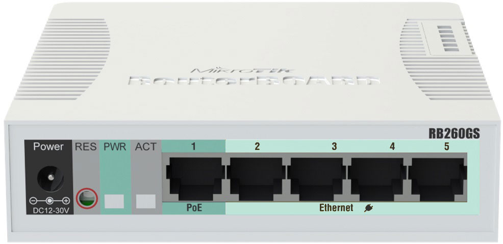 Комутатор Mikrotik RB260GS, 5 Gigabit ports and SFP cage, SwOS, plastic case, PSU