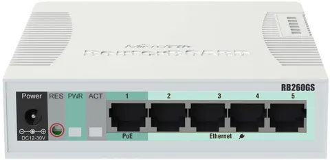 Комутатор Mikrotik RB260GS, 5 Gigabit ports and SFP cage, SwOS, plastic case, PSU