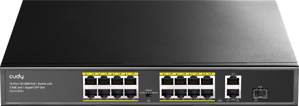Комутатор Cudy FS1018PS1, 16 порт 10/100M PoE+ Switch with 2 Gigabit Uplink and 1 SFP Port 200W