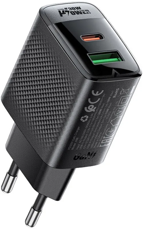 Зарядний пристрій 2xUSB 30W (USB-C+USB-A) Gan A98 Black Acefast