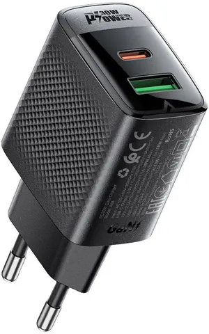 Зарядний пристрій 2xUSB 30W (USB-C+USB-A) Gan A98 Black Acefast