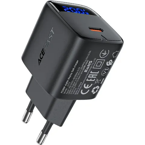 Зарядний пристрій 1xUSB-C 20W Gan A113 Fast Charger + USB-C cable with digital display black Acefast
