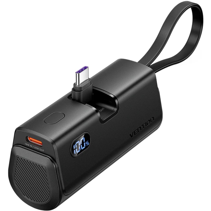 УМБ Vention 4800mAh 22,5W PD, USB-C In/Out, LED display, with built-in Lightning cable Black
