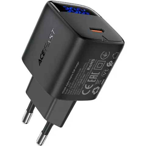 Зарядний пристрій 1xUSB-С 30W with digital display Gan A115 Black Acefast