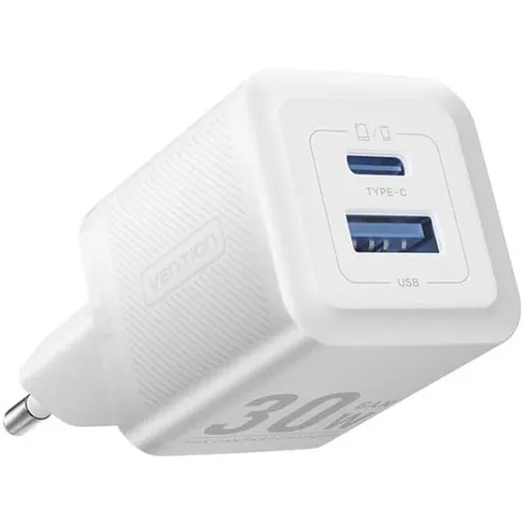 Зарядний пристрій 2xUSB 30W (USB-A/USB-C) + USB-C cable М-М  White Vention