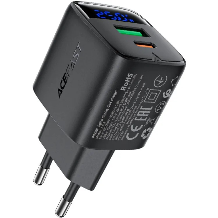 Зарядний пристрій 2xUSB 25W (USB-C+USB-A) with digital display Gan A114 Black Acefast