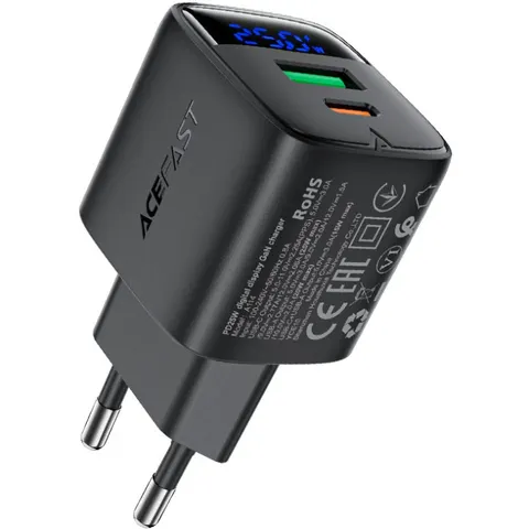 Зарядний пристрій 2xUSB 25W (USB-C+USB-A)  with digital display Gan A114 Black Acefast