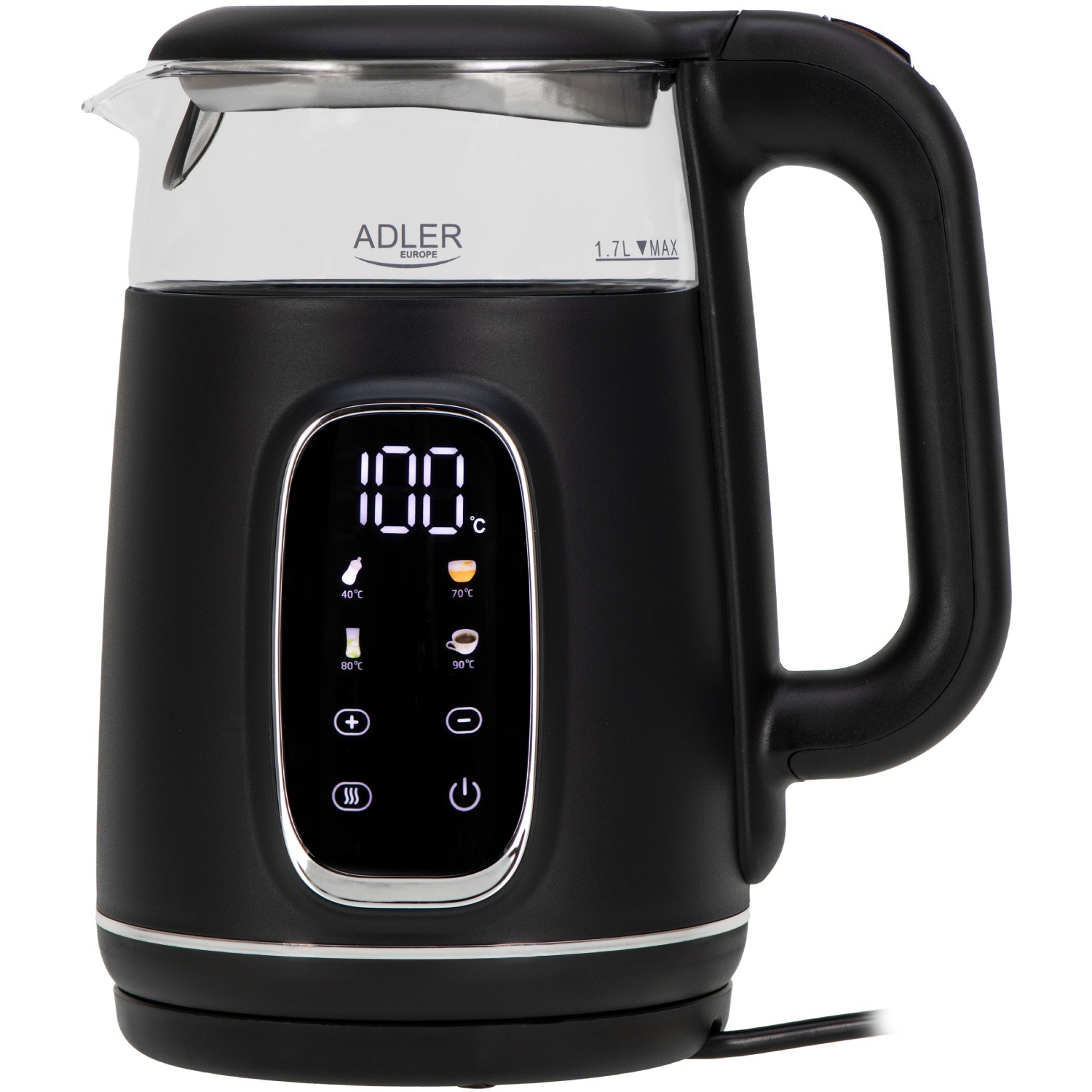 Електрочайник Adler AD 1305 black silver 1850-2200Вт/ 1.7л/ скло/ встановлення температури/