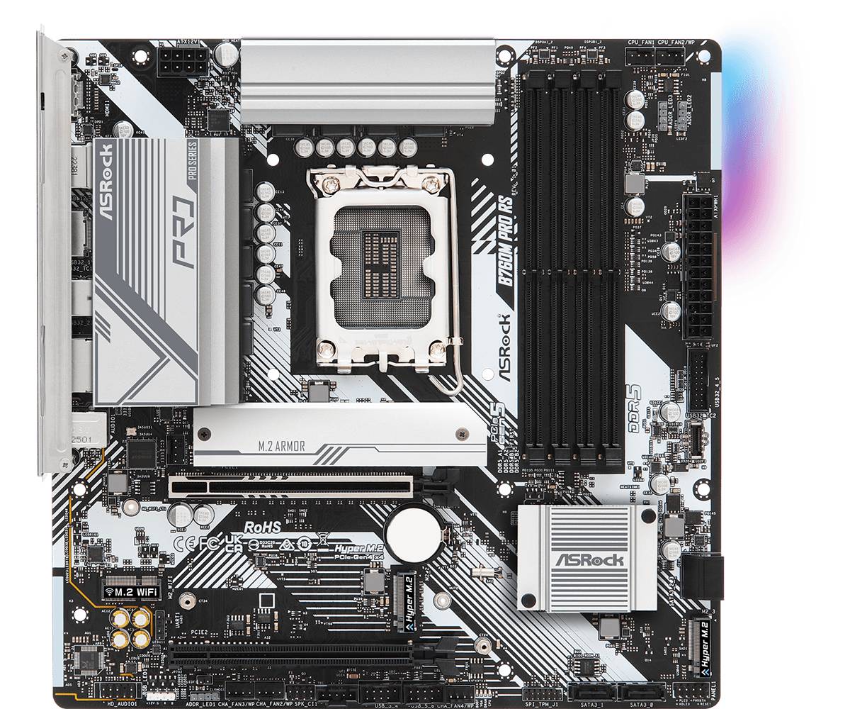 ASRock B760M PRO RS (1700/B760, 4*DDR5, 2xPCIex16, 4xSATA, 3xM.2, 2.5GLan, 7.1ch, mATX)