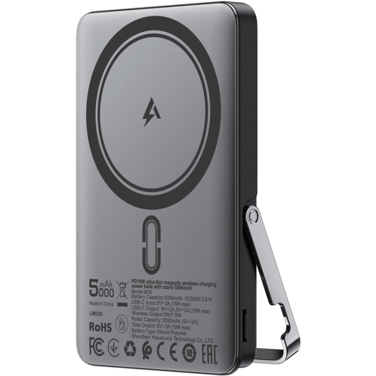 УМБ Acefast Magnetic Wireless 5000mAh 18W PD,QC3.0 USB-C In/Out,with holder, ультра тонкий M16 Black